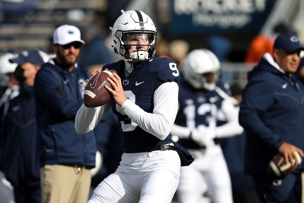 Penn State Nittany Lions quarterback Christian Veilleux (9) looks to throw a pass during a warmup prior to the game against the Rutgers Scarlet Knights at Beaver Stadium.&nbsp;