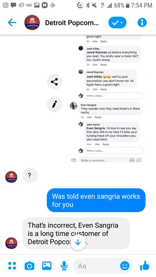 Messages between Detroit Popcorn Company and Malgorzata Bitel in which the company states that Sangria is not an employee.