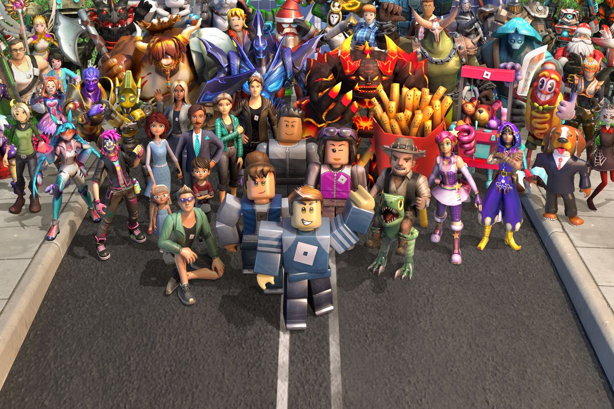 a group of dozens of player avatars, the one in front looks like a lego character