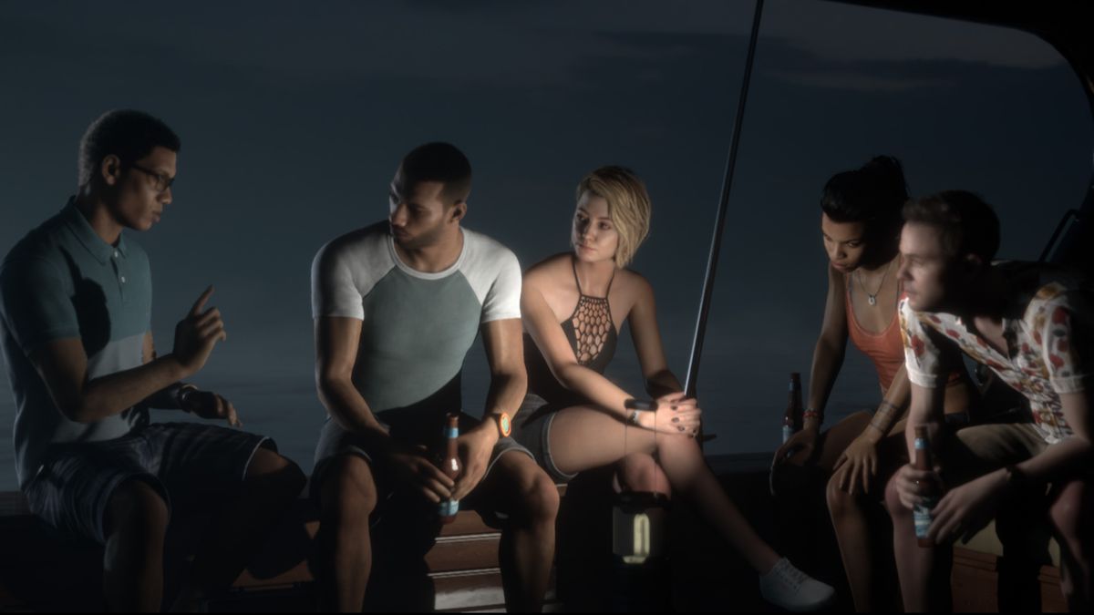 five people sit on a boat around a lantern as one of them tells a scary story