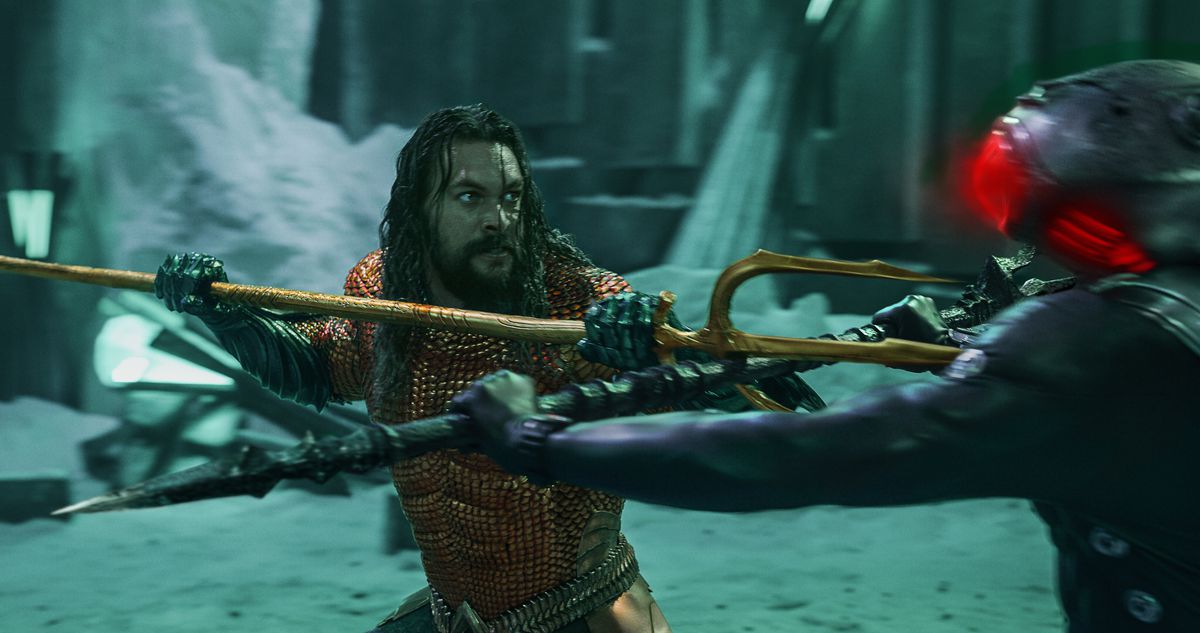 Aquaman fights Black Manta with a trident but looks a little exhausted in The Lost Kingdom