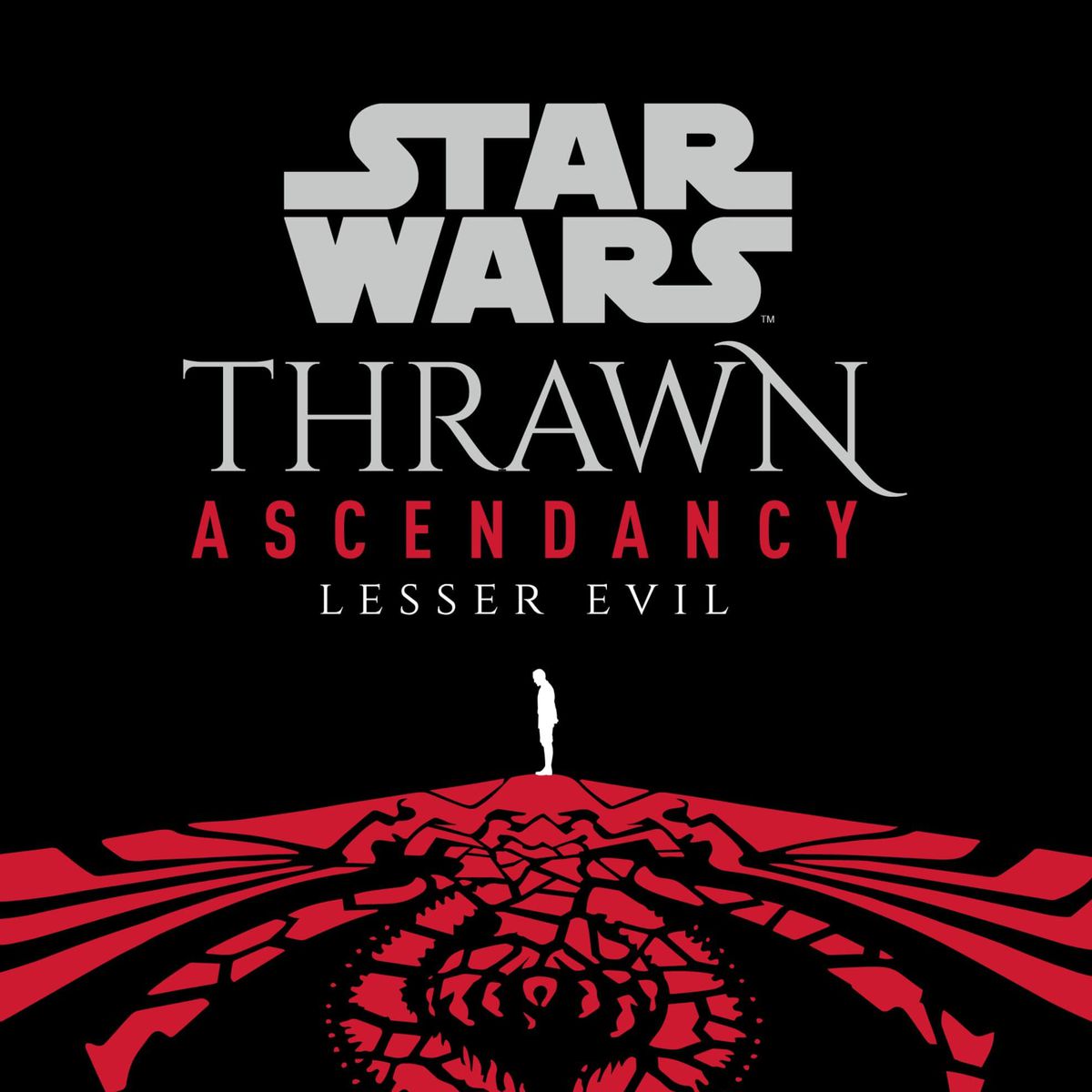 Thrawn stands on a red pattern of Chiss design on the cover for Star Wars: Thrawn Ascendency Lesser Evil