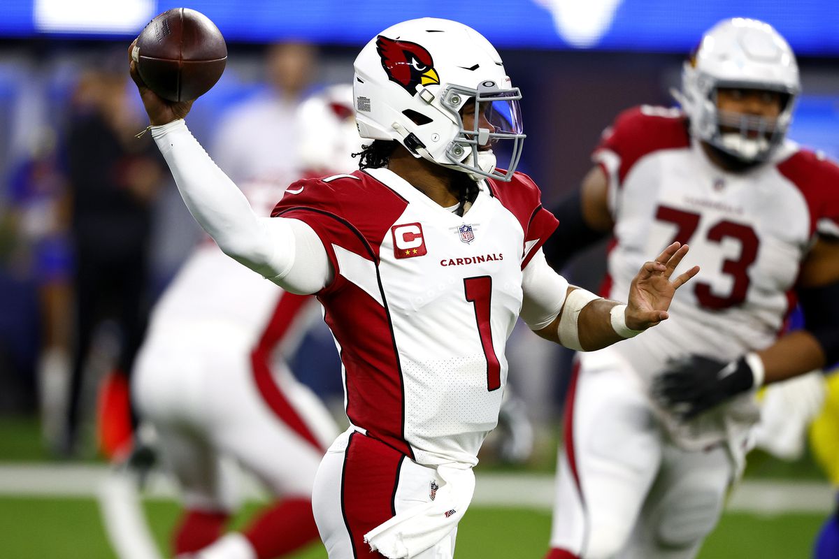 Kyler Murray #1 of the Arizona Cardinals throws the ball in the second quarter of the game against the Los Angeles Rams in the NFC Wild Card Playoff game at SoFi Stadium on January 17, 2022 in Inglewood, California.