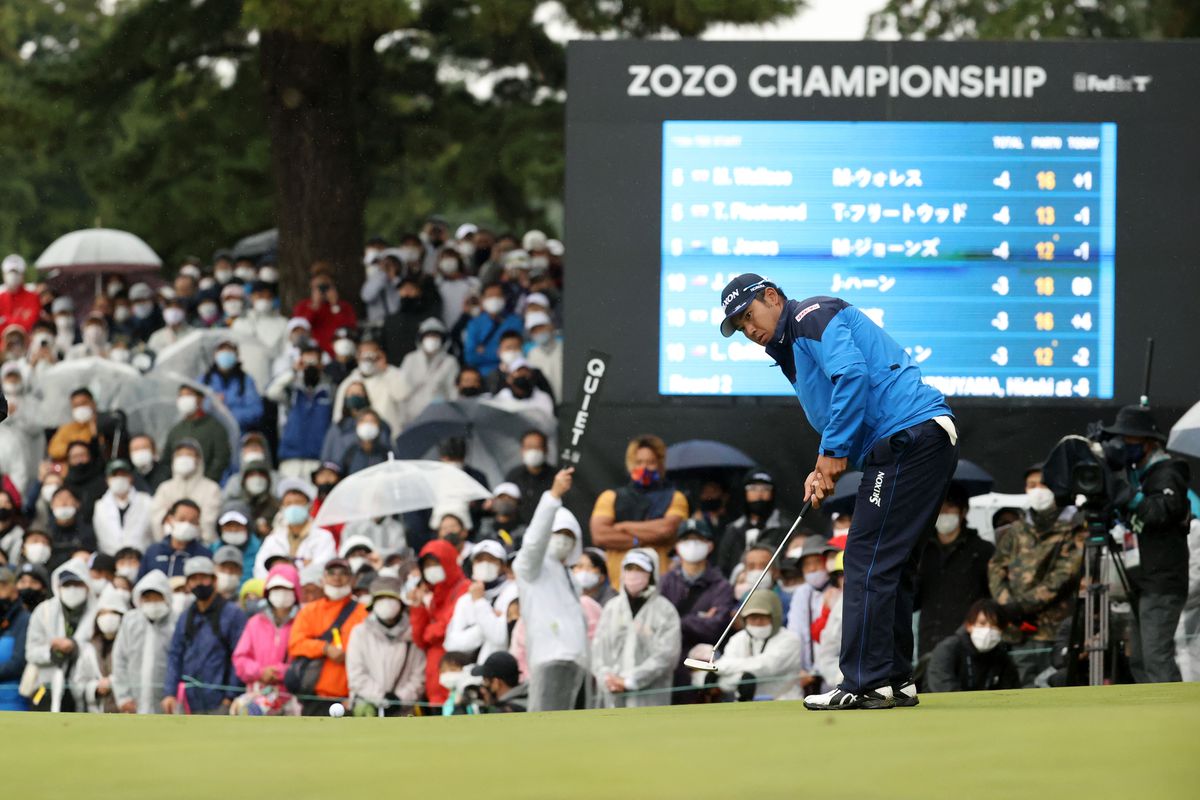 Hideki Matsuyama of Japan attempts a putt on the 9th green during the second round of the ZOZO Championship at Accordia Golf Narashino Country Club on October 22, 2021 in Inzai, Chiba, Japan.