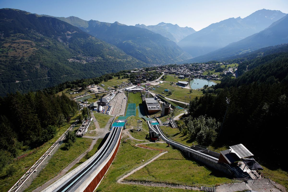 A general veiw of the jump, mountains and surrounding areas during the FIS Ski Jumping Grand Prix on August 15, 2013 in Courchevel, France.
