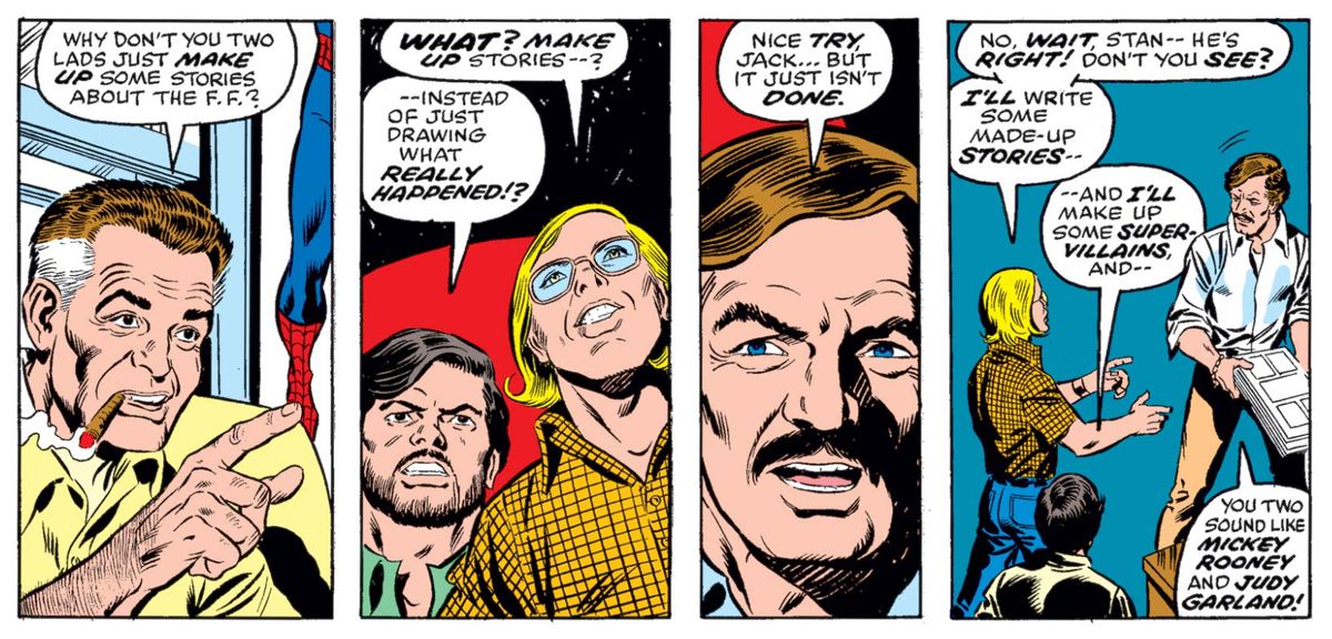 Left to right: Jack Kirby, George Perez, Roy Thomas, Stan Lee. From The Fantastic Four #176, Marvel Comics (1976).
