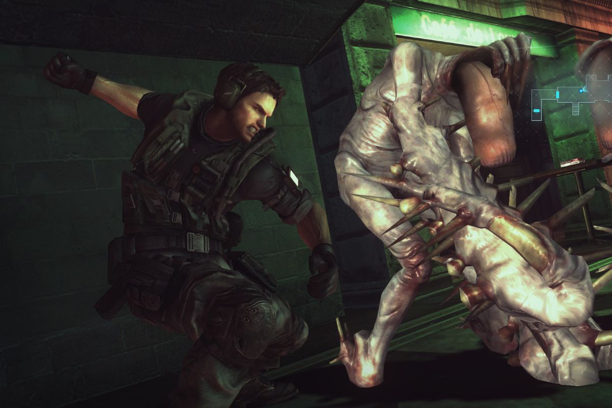 Chris Redfield punches an “Ooze” creature in a screenshot from Resident Evil Revelations