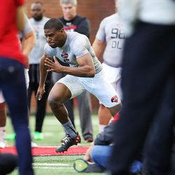Bubba Poole works out for scouts during the University of Utah's NFL Pro Day in Salt Lake City, Thursday, March 24, 2016.