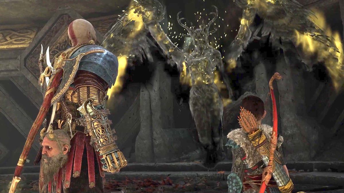 Kratos and Atreus face away from the viewer, looking at a shadowy angelic figure with antlers, in 2018’s God of War.