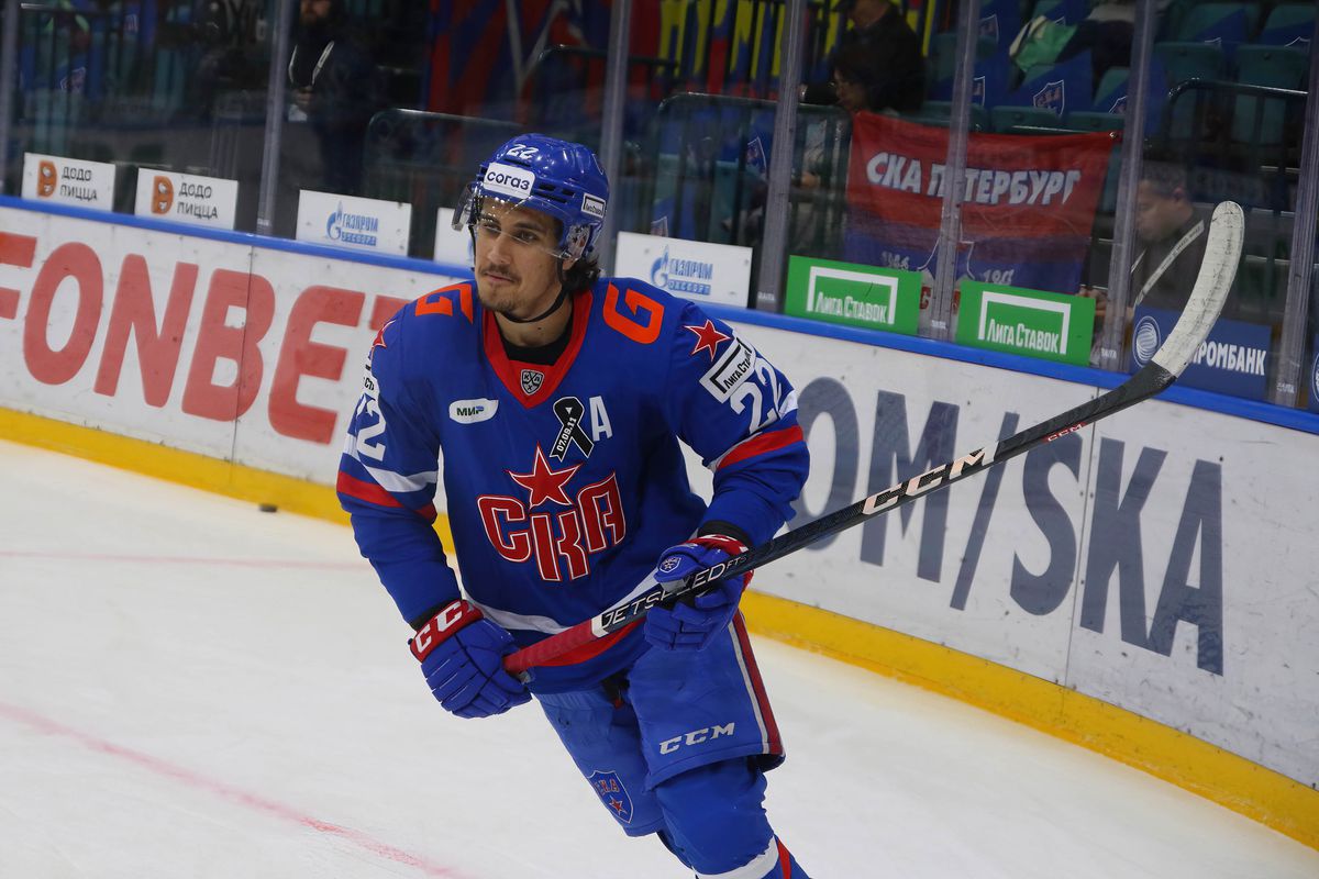 SKA Hockey Club player, Marat Khusnutdinov (No.22) seen in...