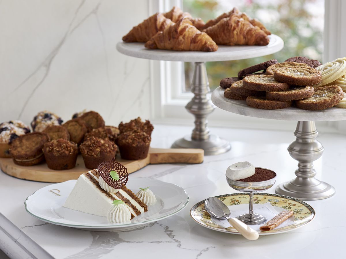 Parisian pastries on a white marble table