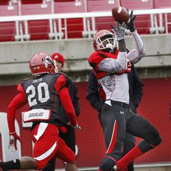 Travis Still makes a catch during University of Utah football practice on April 16 in Salt Lake City.