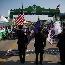 Colors are presented as cyclists take the start line for Stage 4 of the Tour of Utah in South Jordan on Thursday, Aug. 3, 2017.
