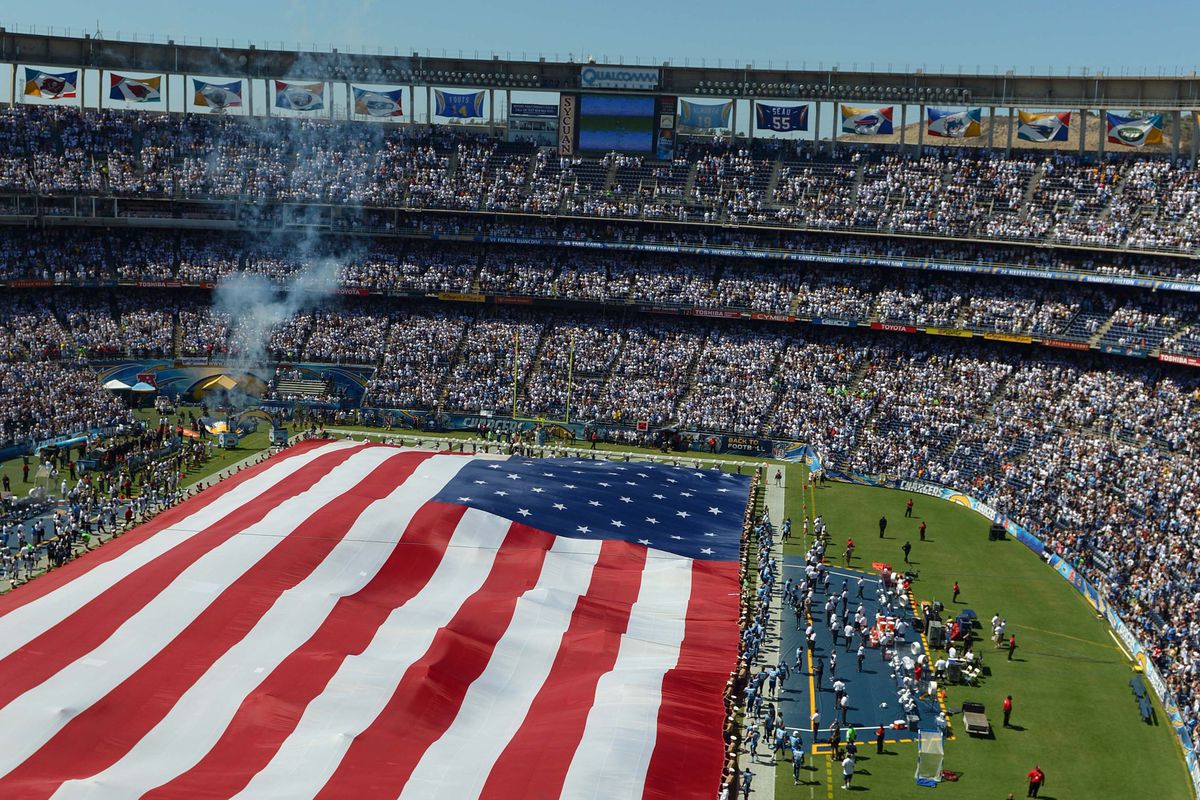 Sep 16, 2012; San Diego, CA, USA; San Diego Chargers fans cheer during the fly-over before a game against the Tennessee Titans at Qualcomm Stadium. Mandatory Credit: Jake Roth-US PRESSWIRE
