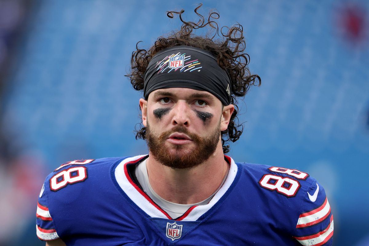Dawson Knox #88 of the Buffalo Bills after a game against the Houston Texans at Highmark Stadium on October 3, 2021 in Orchard Park, New York.