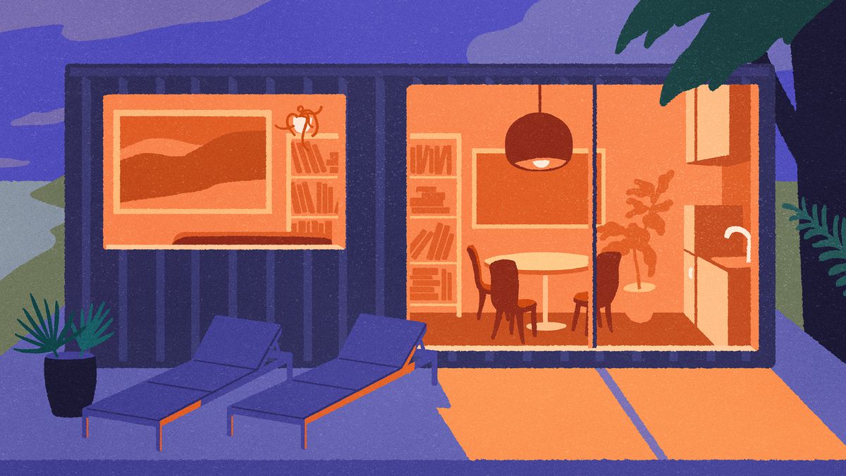 An illustration of a purple shipping container house with light streaming from the inside.