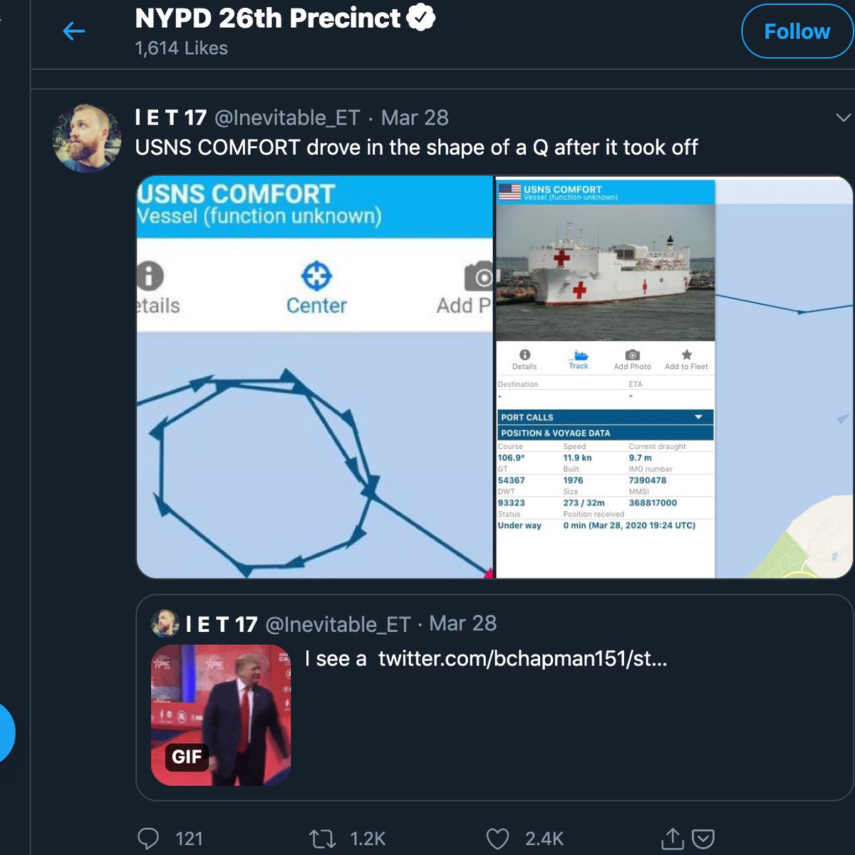 The NYPD’s 26th Precinct Twitter account liked several conspiracy-tinged tweets.