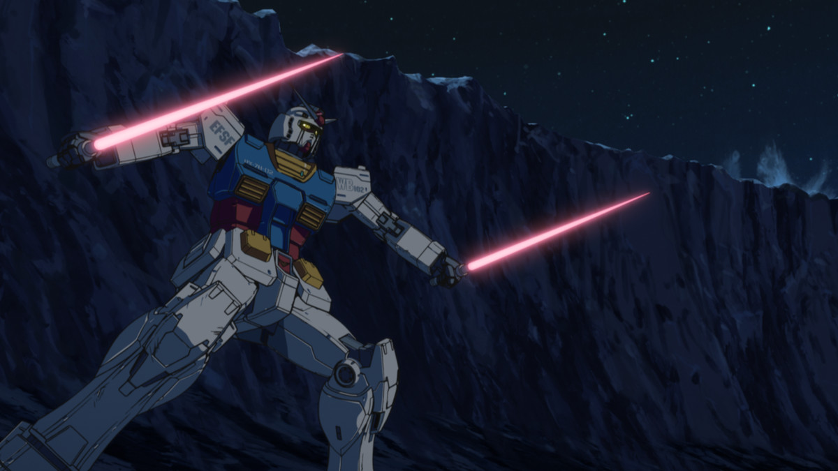 De RX-78-2 Gundam met twee straalsabels in Mobile Suit Gundam Cucuruz Doan's Island.