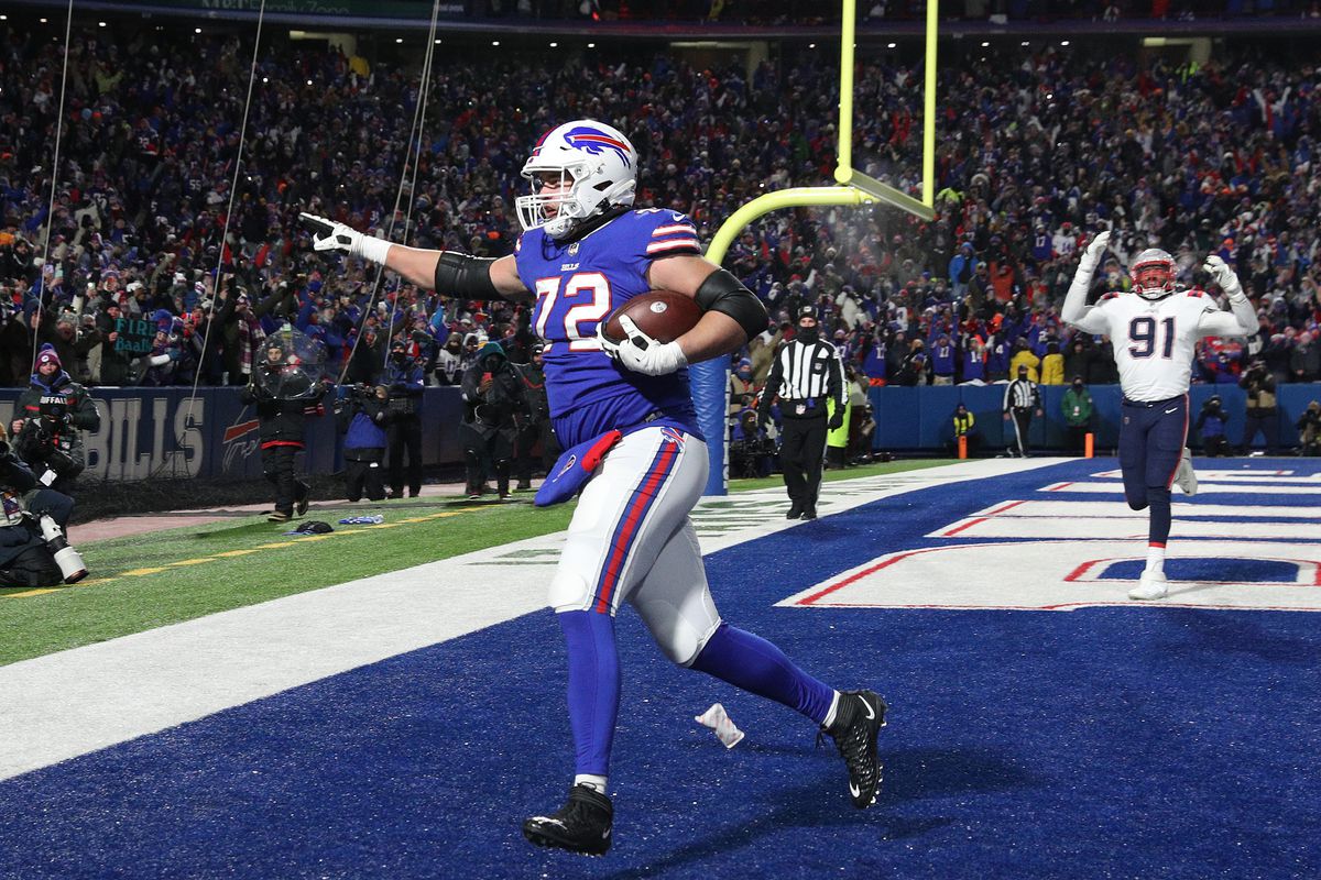 Bills Tommy Doyle catches this pass from Josh Allen in a 47-17 win over the Patriots.