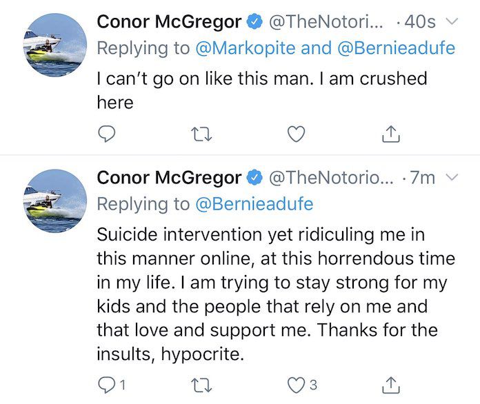 McGregor deleted tweet “suicide intervention”