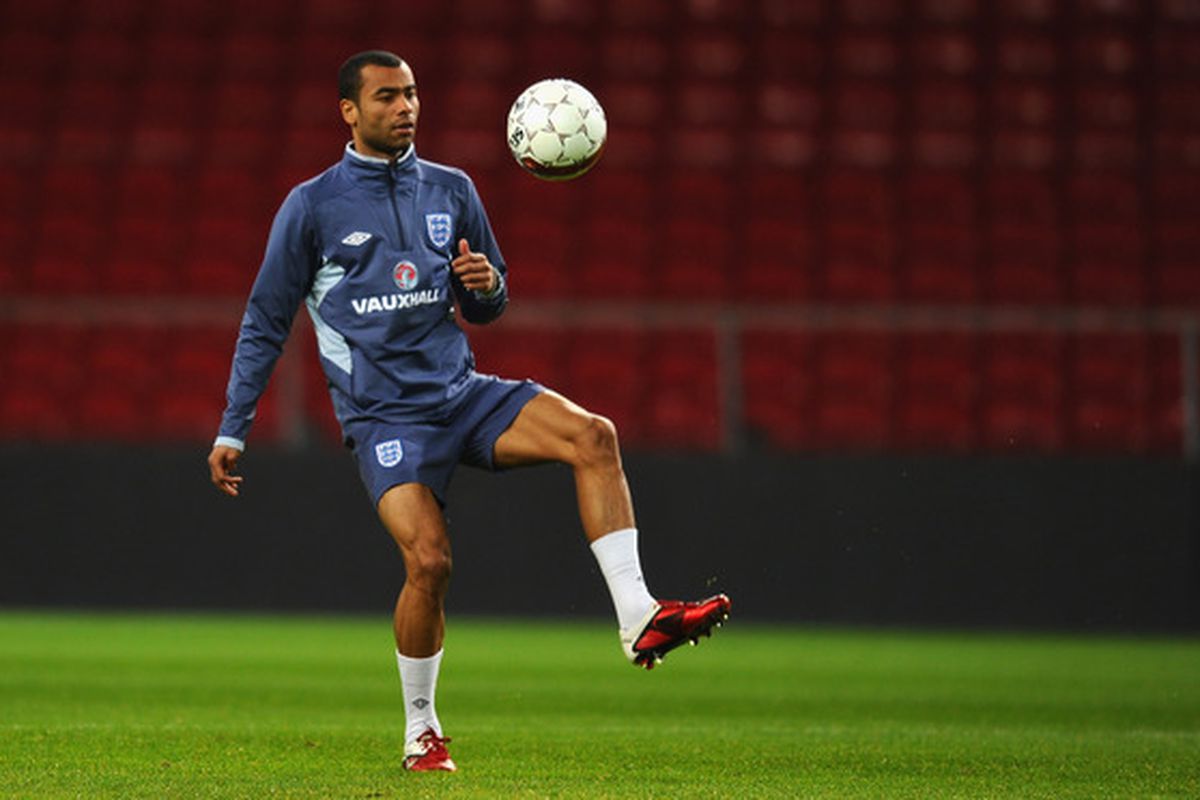 COPENHAGEN DENMARK - FEBRUARY 08:  Ashley Cole in action during an England Training Session at the Parken Stadium on February 8 2011 in Copenhagen.  (Photo by Mike Hewitt/Getty Images)