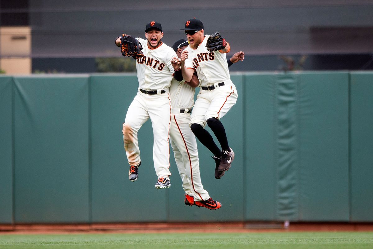 Denard Span gets jumped into the outfield gang.