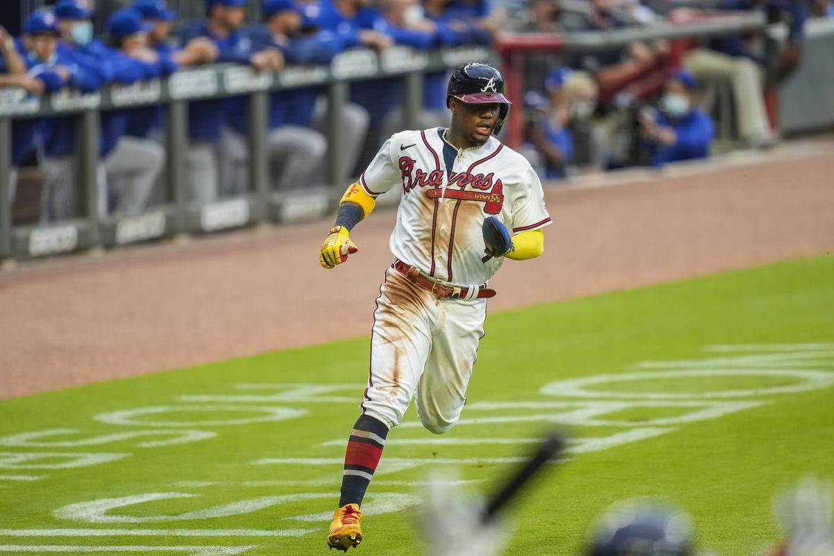 Atlanta Braves right fielder Ronald Acuna Jr. scores a run against the Toronto Blue Jays during the first inning at Truist Park.&nbsp;