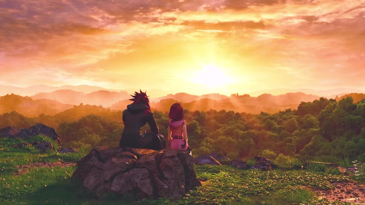 Axel and Kairi look at a sunset together in Kingdom Hearts 3