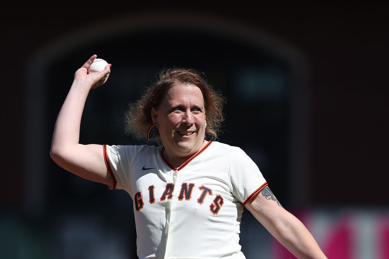 A photo of Amy Schneider throwing out the ceremonial first pitch before Saturday’s Giants vs. Dodgers game.