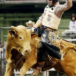 Joe Frost rides in the Days of 47 Rodeo Wednesday, July 23, 2014, at EnergySolutions Arena in Salt Lake City.