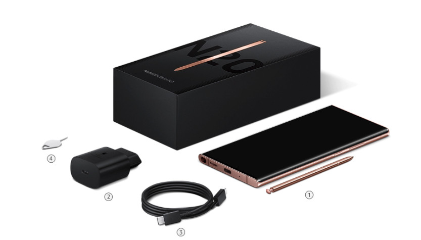A “what’s in the box” image of the Note 20 Ultra, including a charging brick.