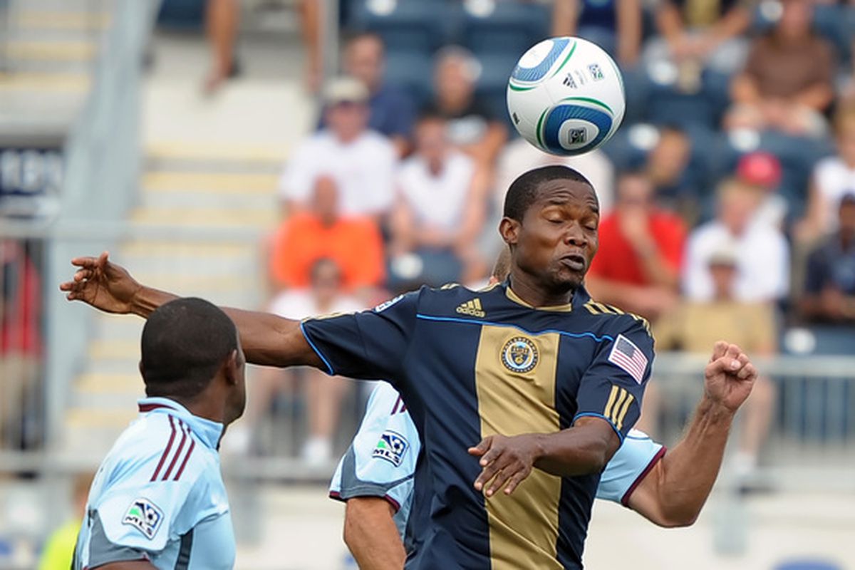 CHESTER PA - AUGUST 14:  Danny Mwanga #10 of the Philadelphia Union heads the ball during the game against the Colorado Rapids at PPL Park on August 14 2010 in Chester Pennsylvania. The match ended in a 1-1 tie. (Photo by Drew Hallowell/Getty Images)