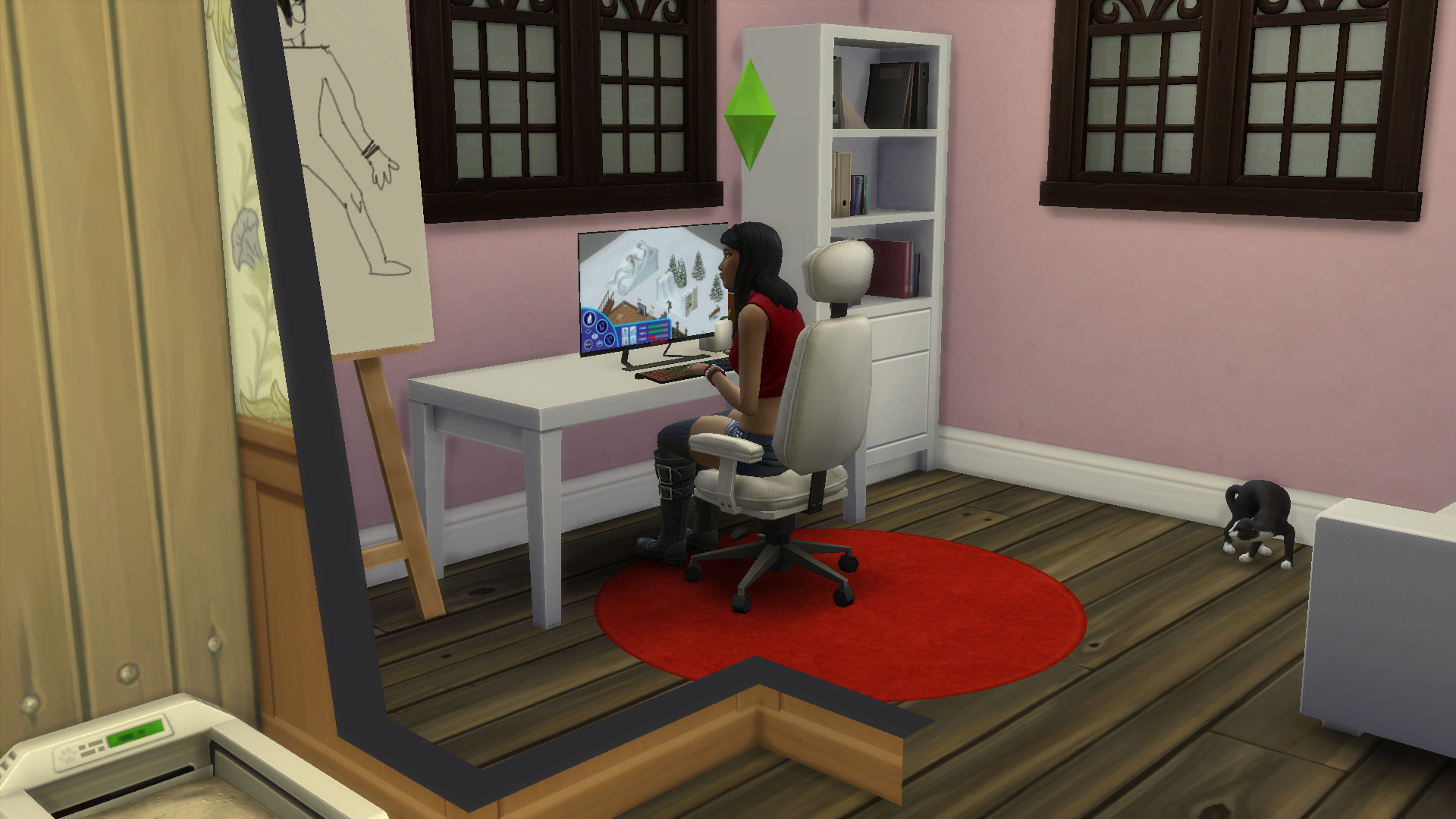 A Sim is playing The Sims on a computer with custom content.