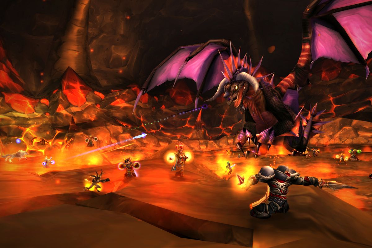 A dragon fighting World of Warcraft characters