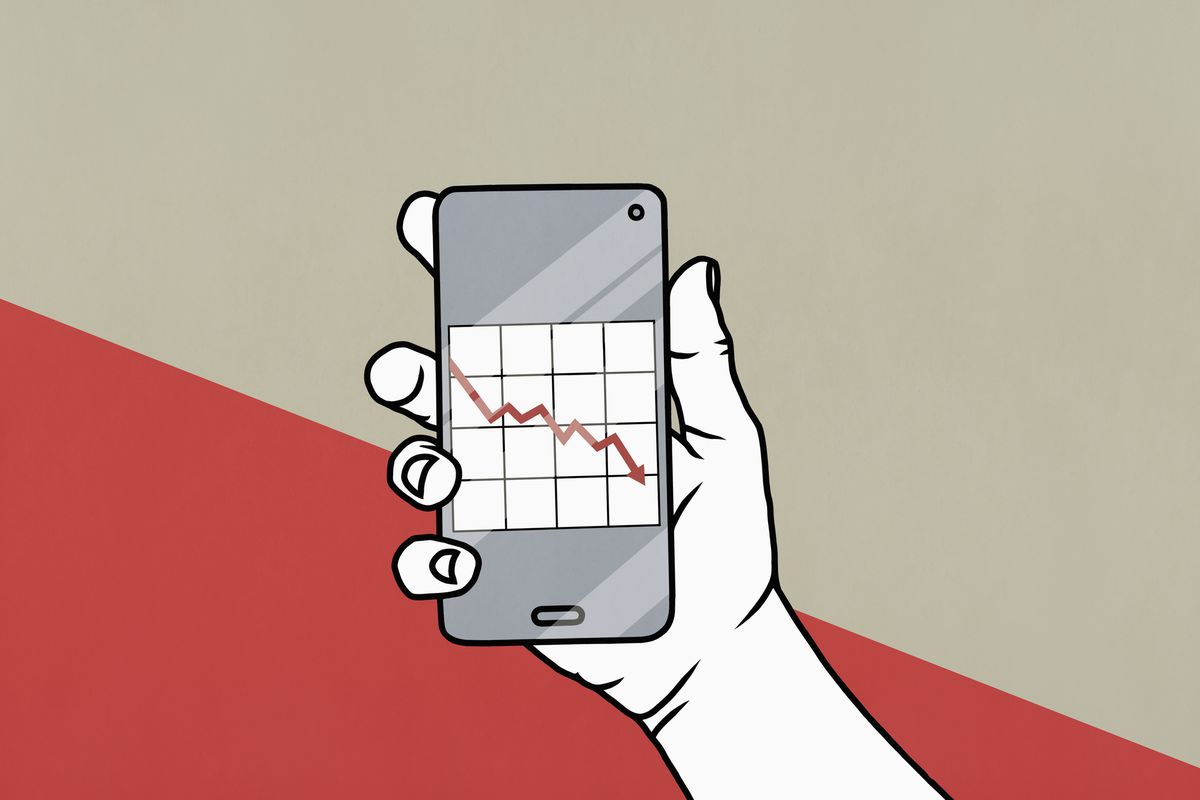 A drawing of a hand holding a smartphone displaying a downward-trending graph.