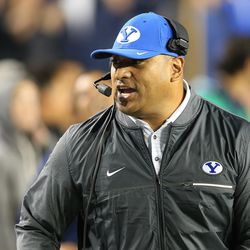 Brigham Young Cougars head coach Kalani Sitake shouts instruction in Provo on Friday, Oct. 6, 2017.