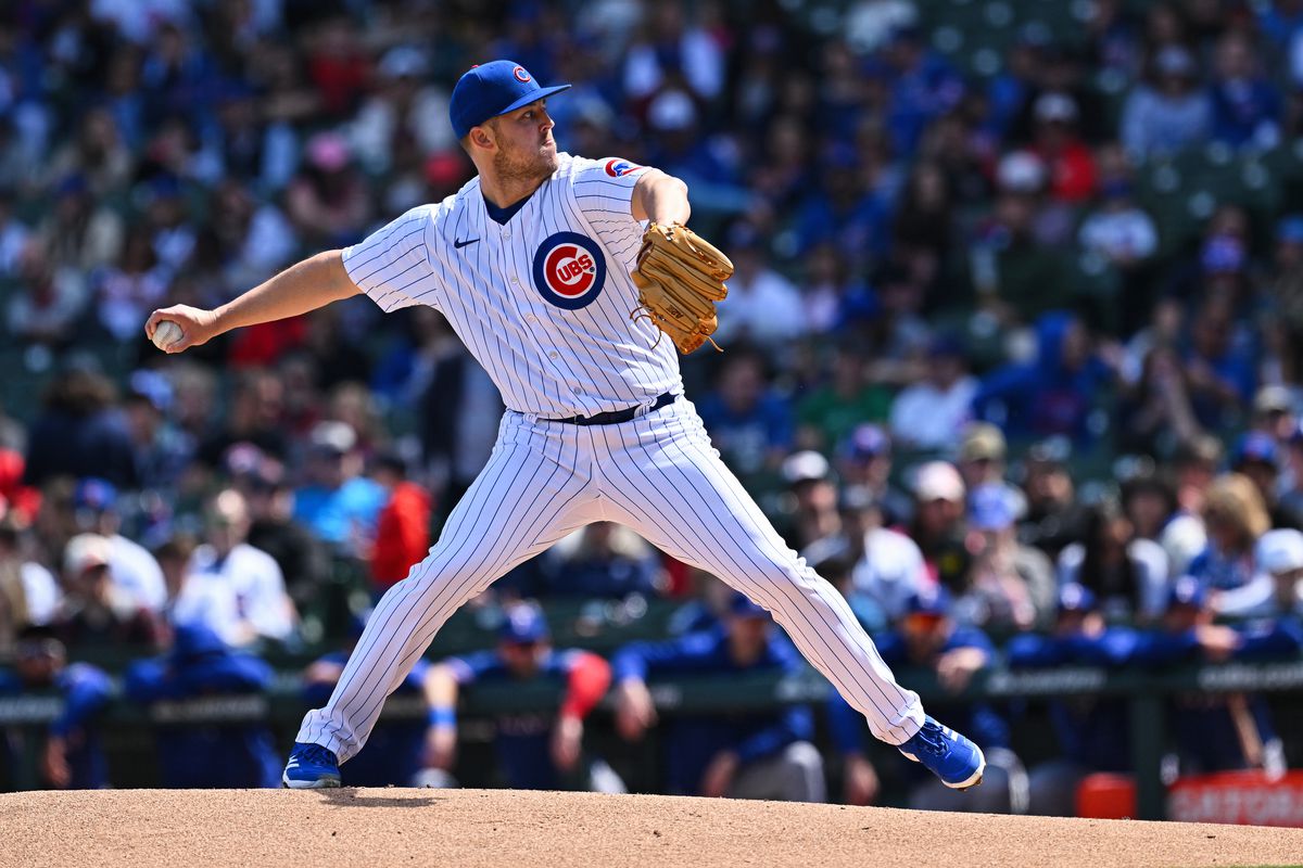 Jameson Taillon #50 of the Chicago Cubs pitches against the Texas Rangers at Wrigley Field on April 09, 2023 in Chicago, Illinois.