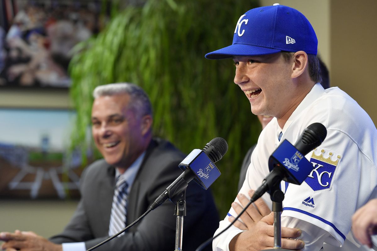 Kansas City Royals introduce their top pick of the 2018 draft, right-handed pitcher Brady Singer, during a news conference before a game on Tuesday, July 3, 2018, at Kauffman Stadium in Kansas City, Mo.