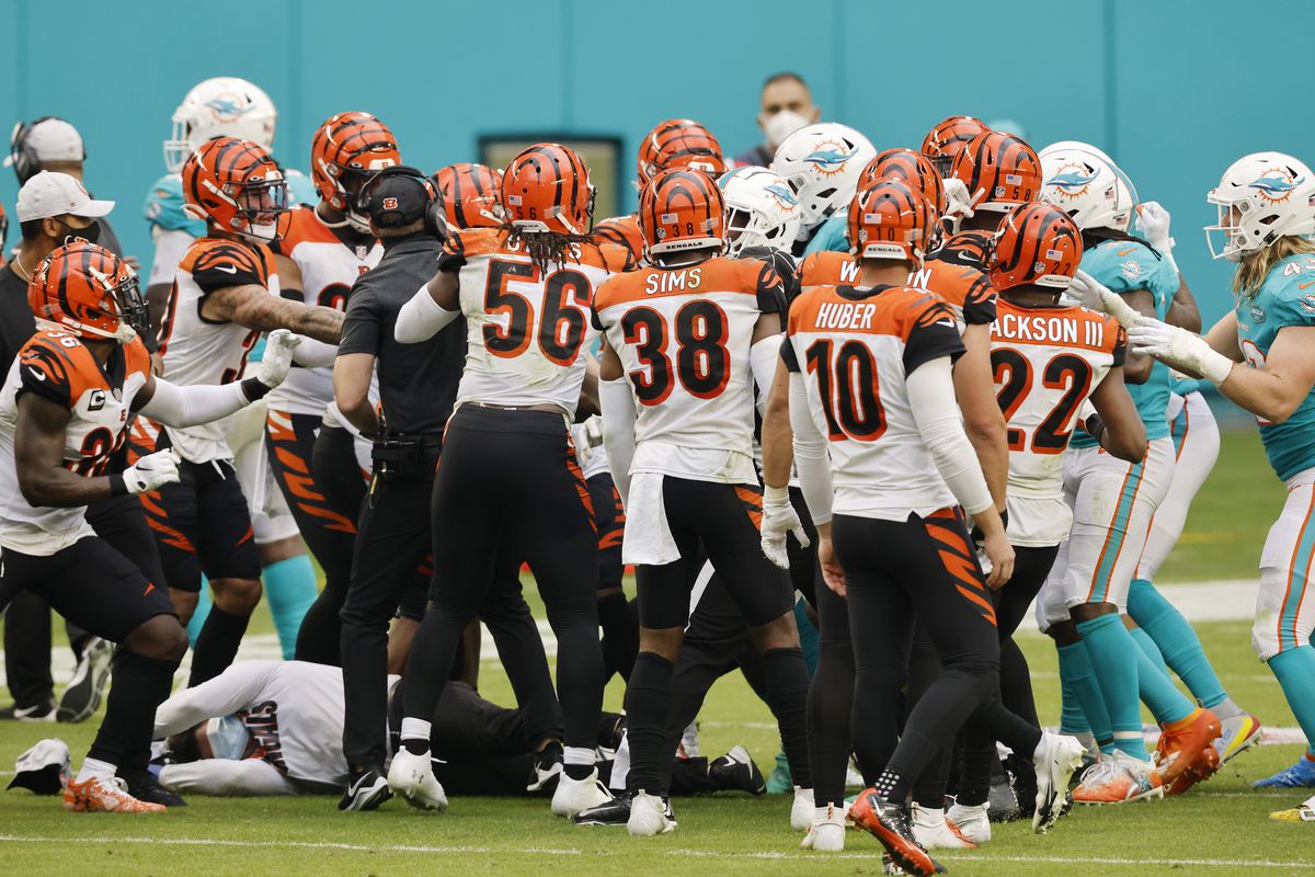 The Cincinnati Bengals and the Miami Dolphins get into a scuffle during the fourth quarter at Hard Rock Stadium on December 06, 2020 in Miami Gardens, Florida.