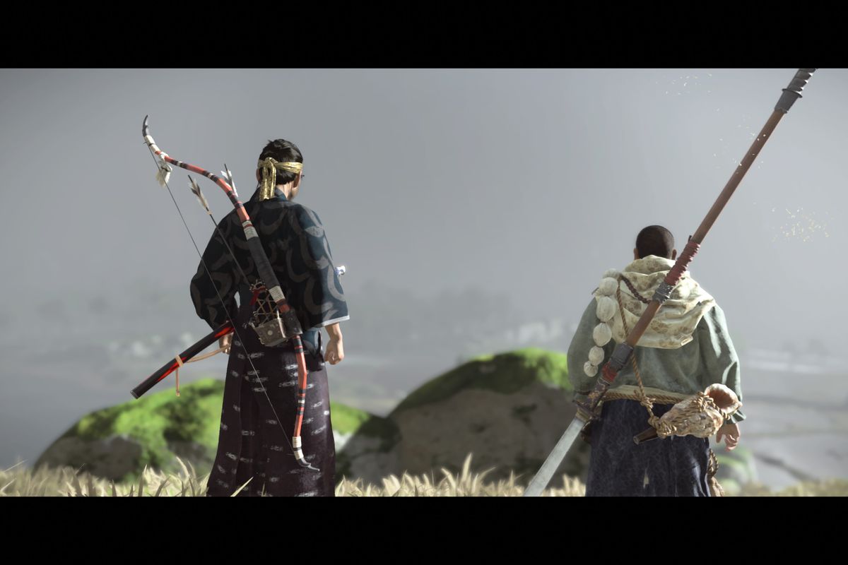 Jin Sakai from Ghost of Tsushima stares into the distance with a monk