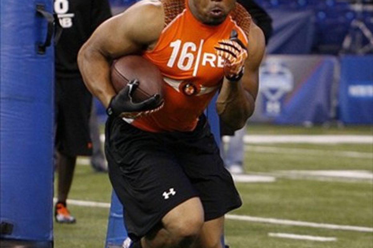 Feb 26, 2012; Indianapolis, IN, USA; Boise State running back Doug Martin does running drills during the NFL Combine at Lucas Oil Stadium. Mandatory Credit: Brian Spurlock-US PRESSWIRE
