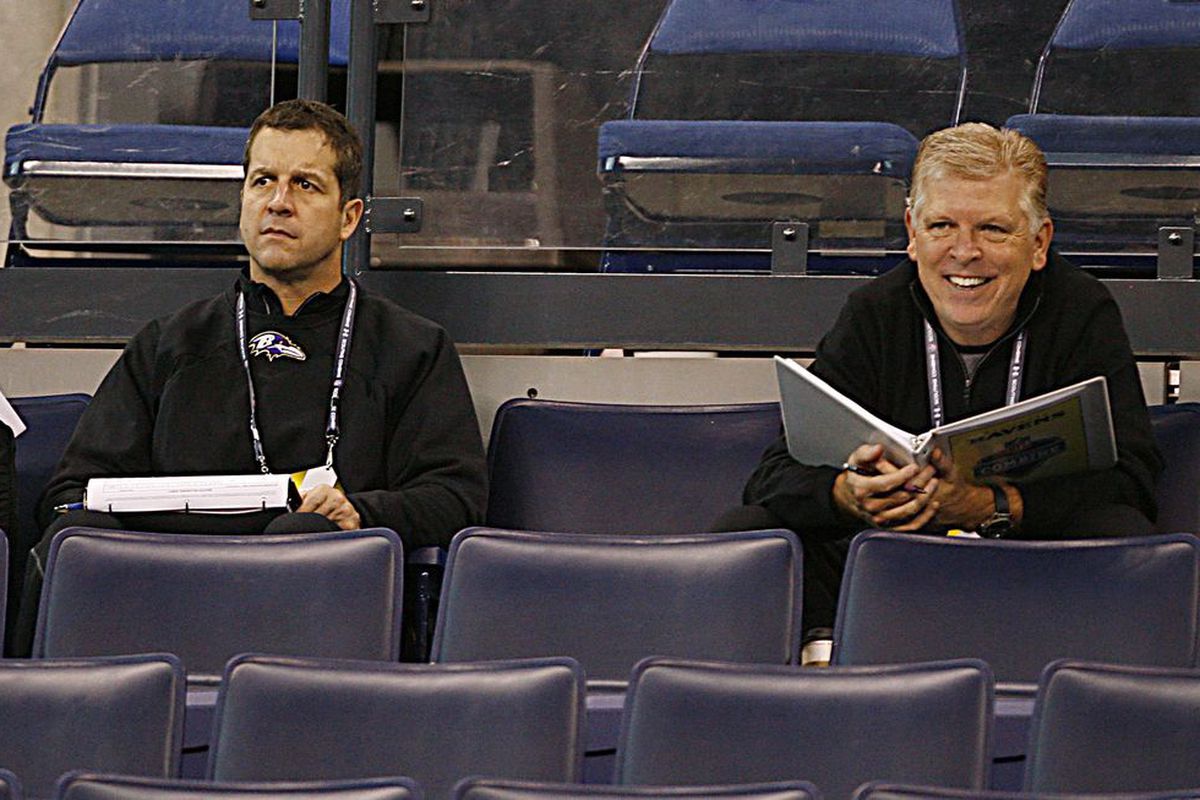 Ravens' Harbaugh & Cameron at 2012 NFL Scouting Combine (photo credits: Brian Spurlock-USPRESSWIRE)