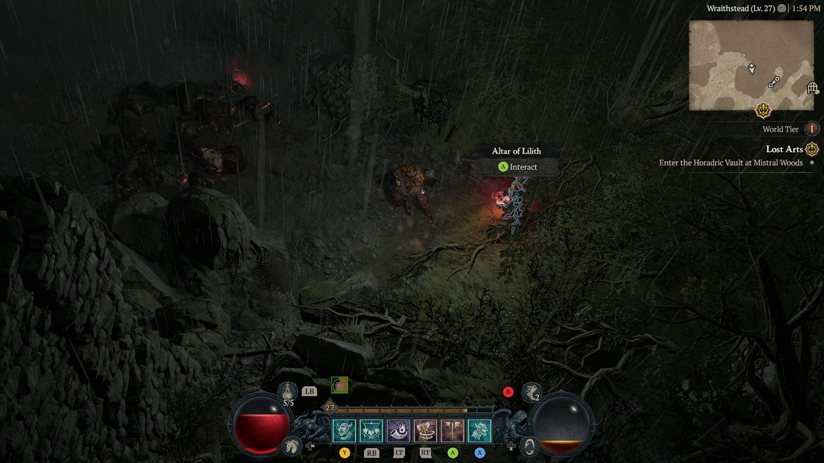 A Barbarian approaches the 4th Altar of Lilith in Scosglen in Diablo 4