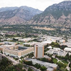 Brigham Young University Campus West looking East, Provo, Sunrise, Y Mountain, Joseph F. Smith Building JFSB, Kimball Tower SKT, Eyring Science Center ESC, Benson Building BSN