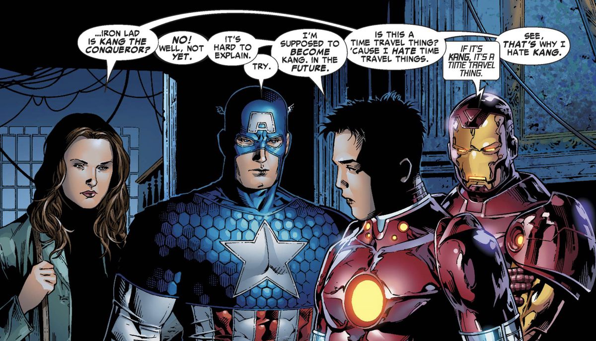 “Iron Lad is Kang the Conqueror?” Jessica Jones, Captain America, and Iron Man question Iron Lad/Kang. “No!” Iron Lad insists. “Well, not yet. It’s hard to explain. I’m supposed to become Kang. In the future,” in Young Avengers #2 (2005). 