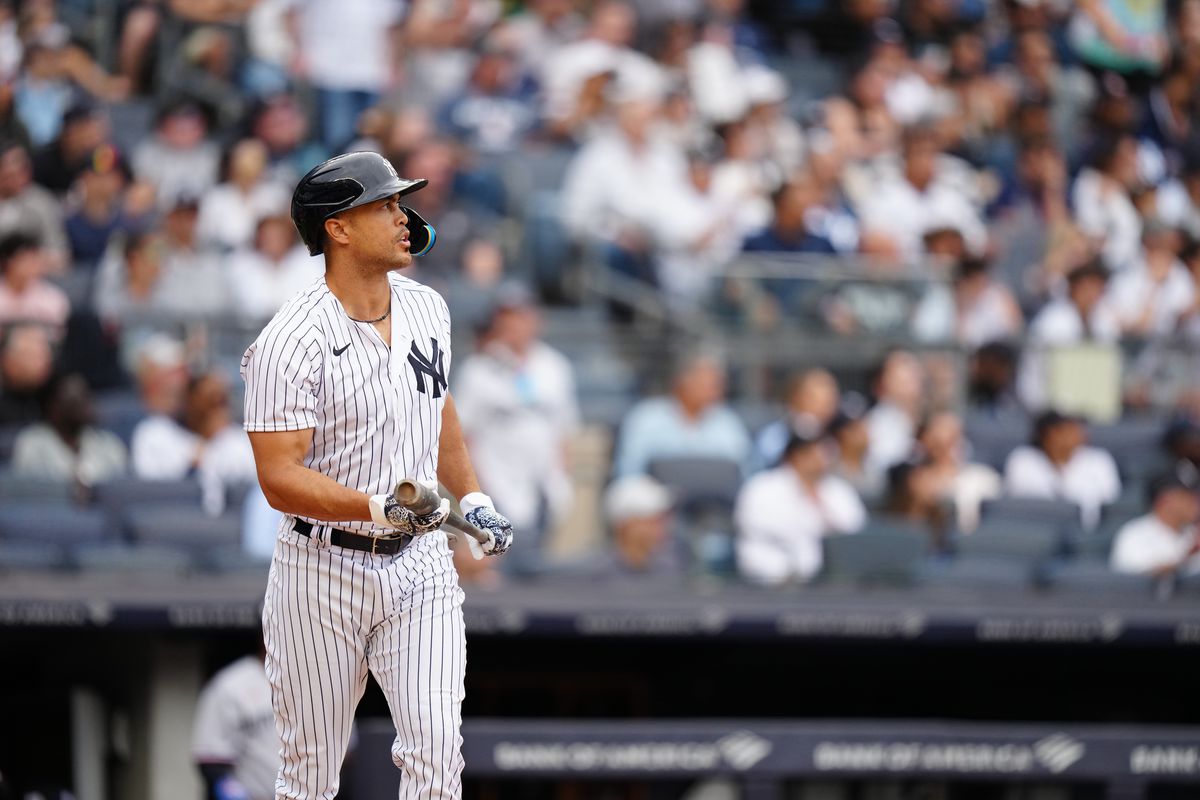 Giancarlo Stanton of the New York Yankees hits a double during the seventh inning of the game between the Minnesota Twins and the New York Yankees at Yankee Stadium on Saturday, April 15, 2023 in New York, New York.