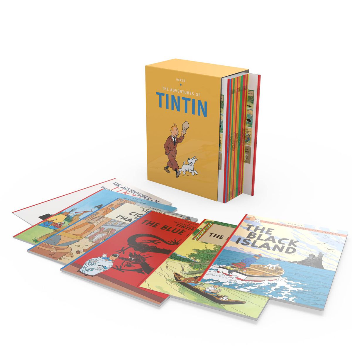 A Tintin box set with several books like The Black Island and The Blue Lotus sitting face up