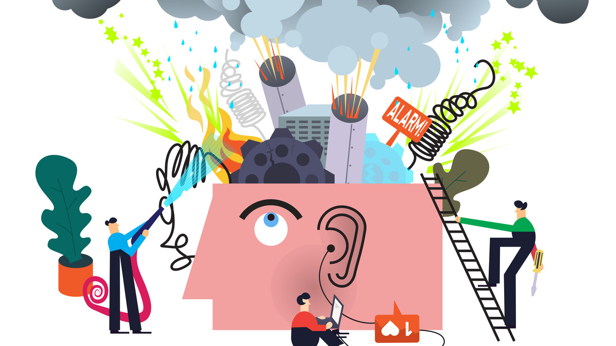 An illustration of a man’s open head. Where his brain should be is smoking machinery and gears. A figure of a person holding a hose shoots water trying to put out the fire. Another holds a screwdriver and climbs a ladder toward the open head. Another figure sits in front of the head on a laptop with a cord plugged into the head’s ear.