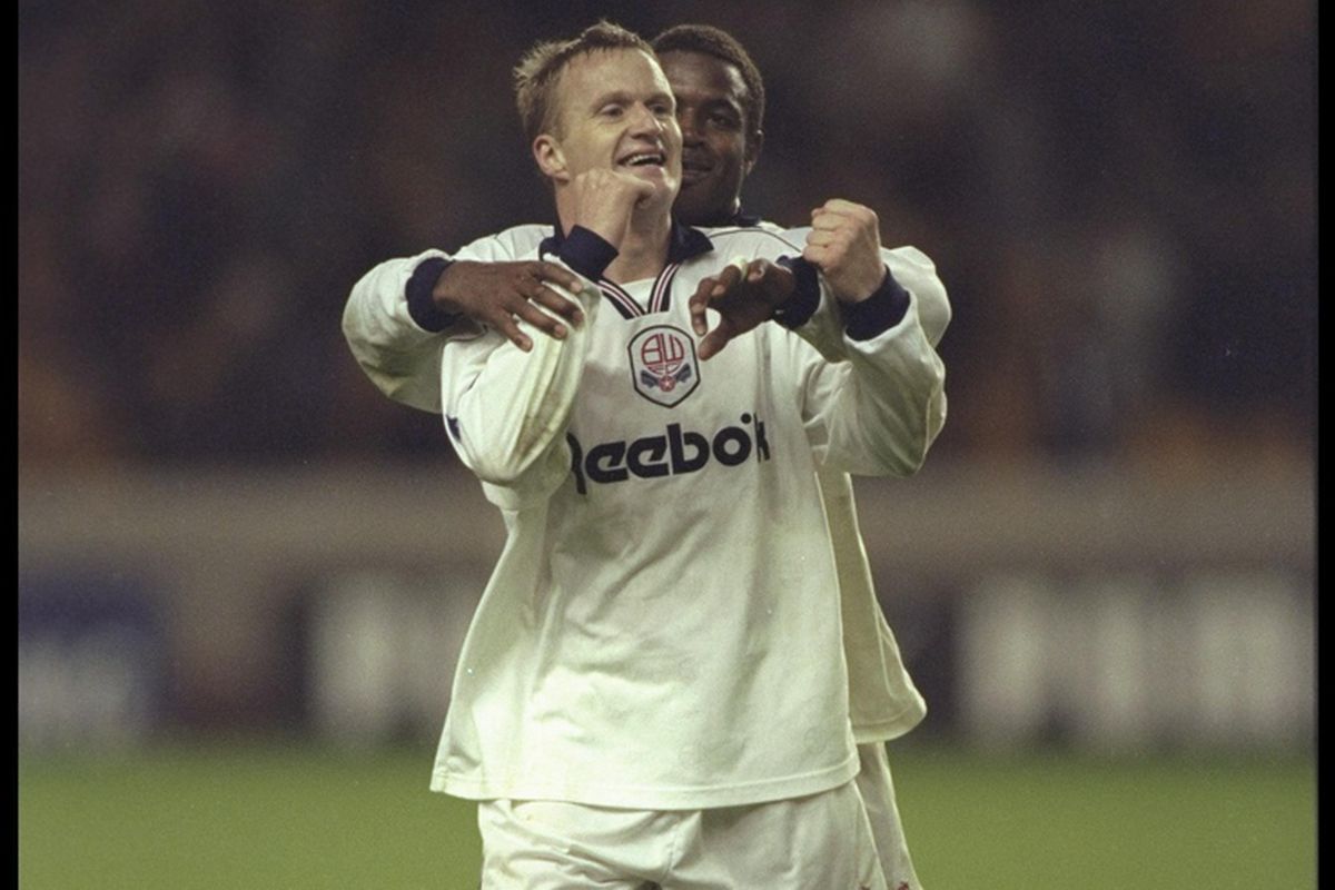 2 Oct 1996: John McGinlay of Bolton celebrates scoring during the Nationwide League match between Wolves and Bolton at Molineux in Wolverhampton. Bolton went on to win the match by 0-2. Mandatory Credit: S