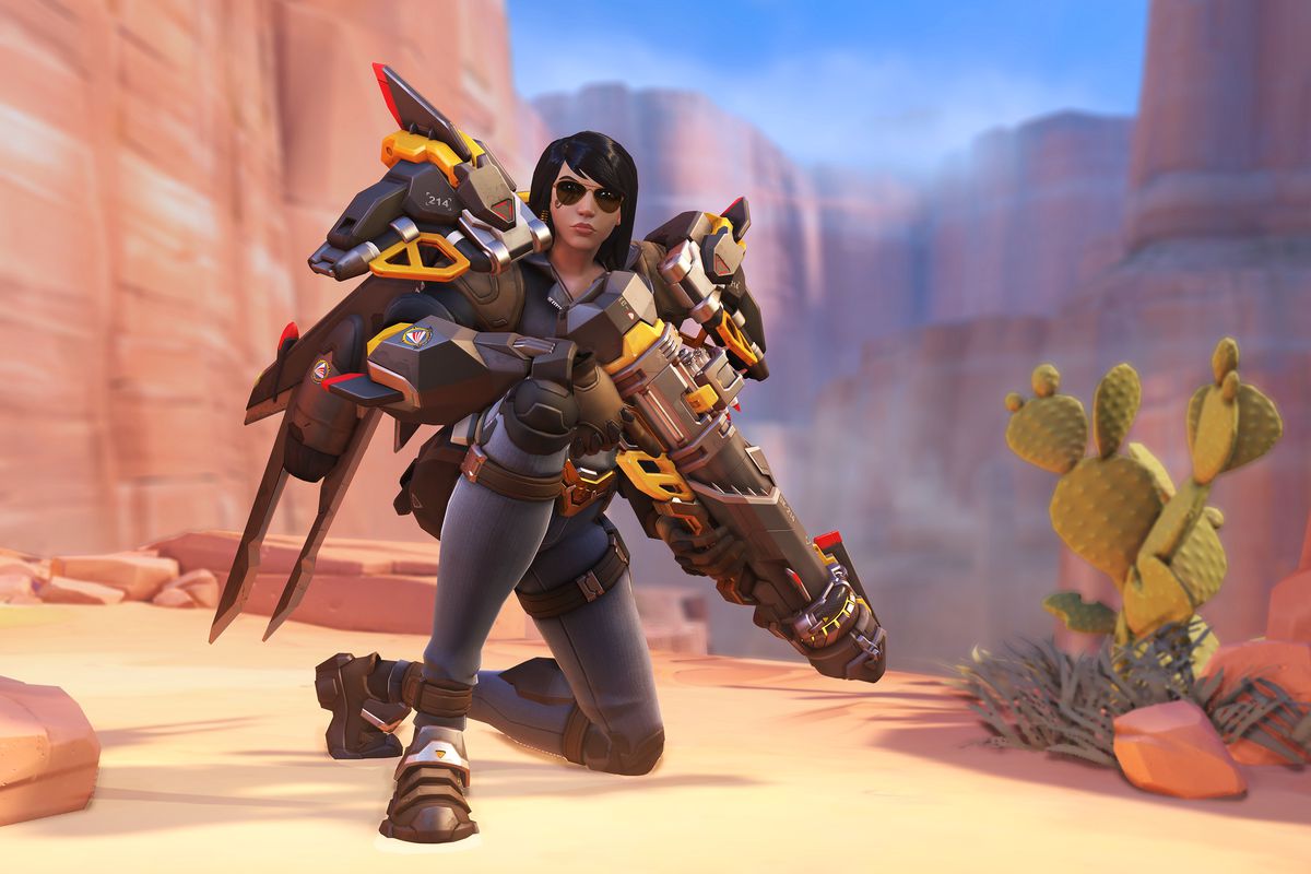 Pharah kneels wearing a new Archives skin in a screenshot from Overwatch